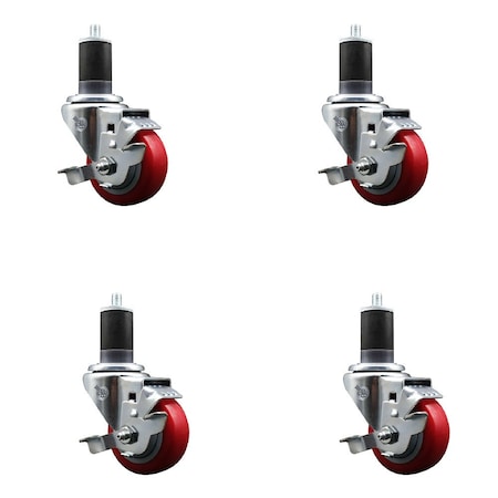 Service Caster 3'' Red Poly Swivel 1-5/8'' Expanding Stem Caster Set with Brake, 4PK SCC-EX20S314-PPUB-RED-TLB-158-4